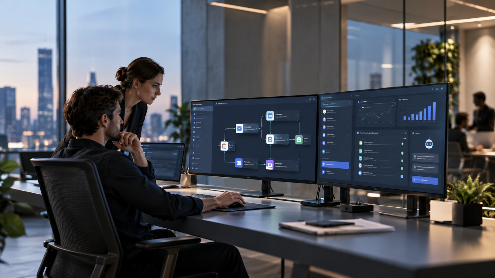 Profesionales revisan un flujo de automatización con inteligencia artificial en sus monitores