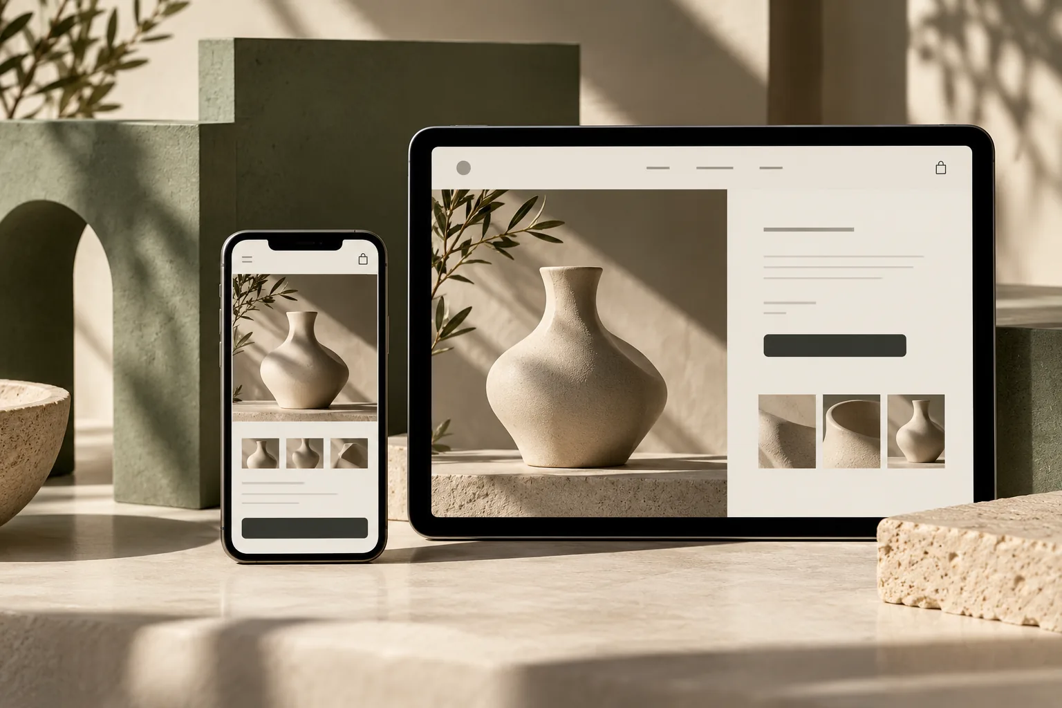 Composición conceptual de una tienda online adaptada a móvil y tablet