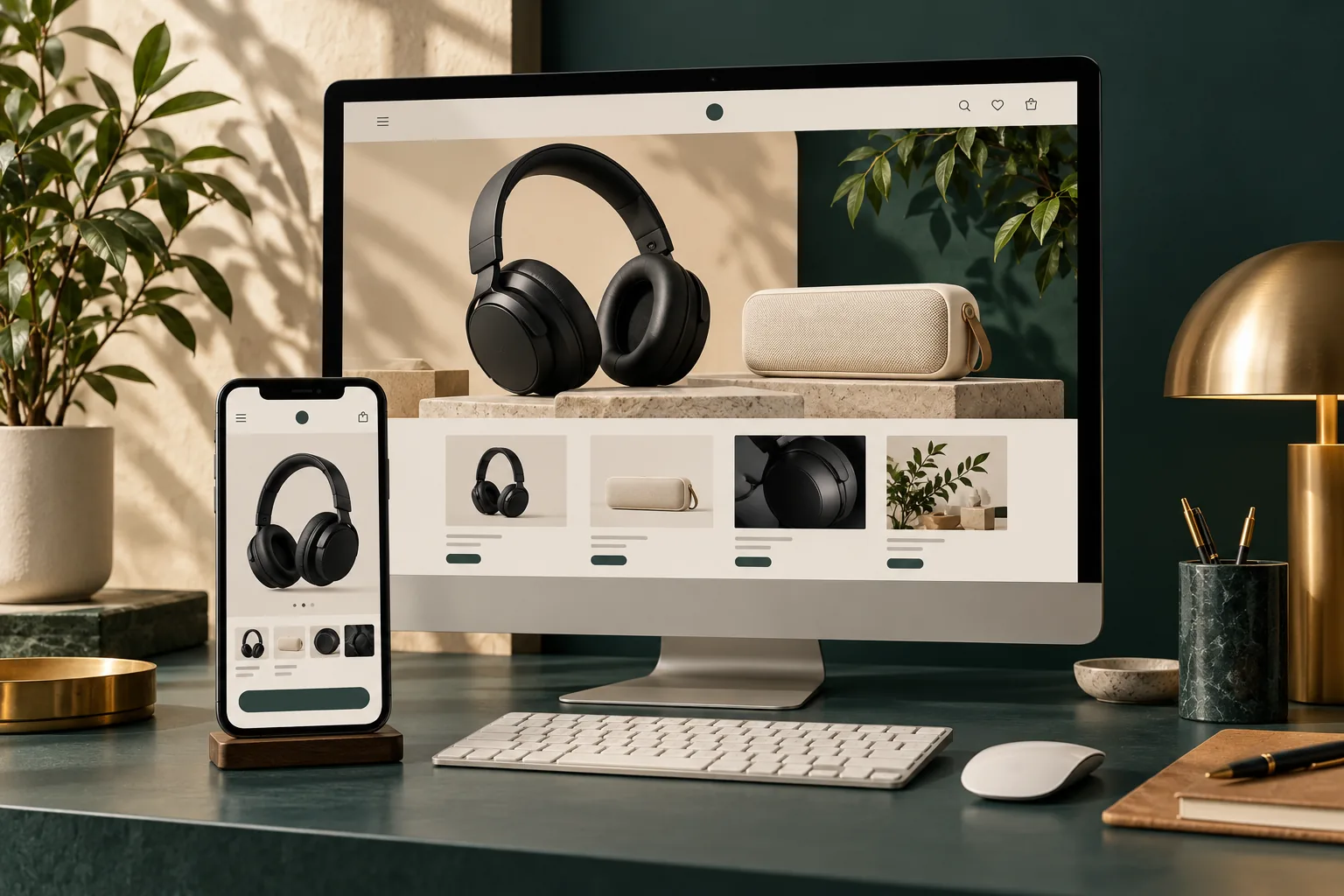 Composición conceptual de una tienda online de productos en escritorio y móvil